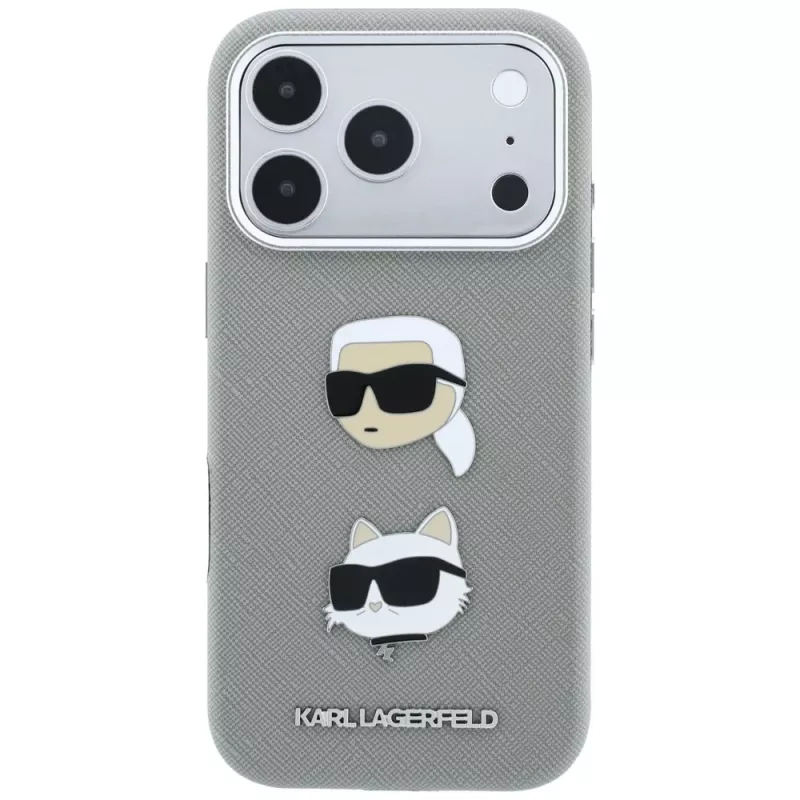 Karl Lagerfeld KF003253 dėkliukas Saffiano su Karl & Choupette Heads Pins ir logotipu, tinka iPhone 18 Pro / 17 Pro, pilkas