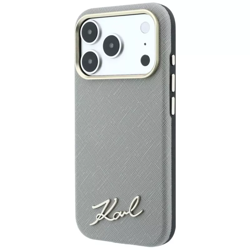 Karl Lagerfeld Saffiano Small Script Metal Logo MagSafe telefono dėklas, skirtas iPhone 18 Pro / 17 Pro, smėlio spalvos