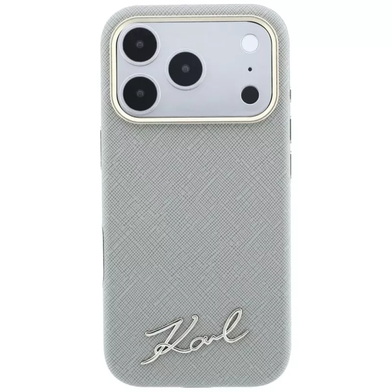 Karl Lagerfeld Saffiano Small Script Metal Logo MagSafe telefono dėklas, skirtas iPhone 18 Pro / 17 Pro, smėlio spalvos