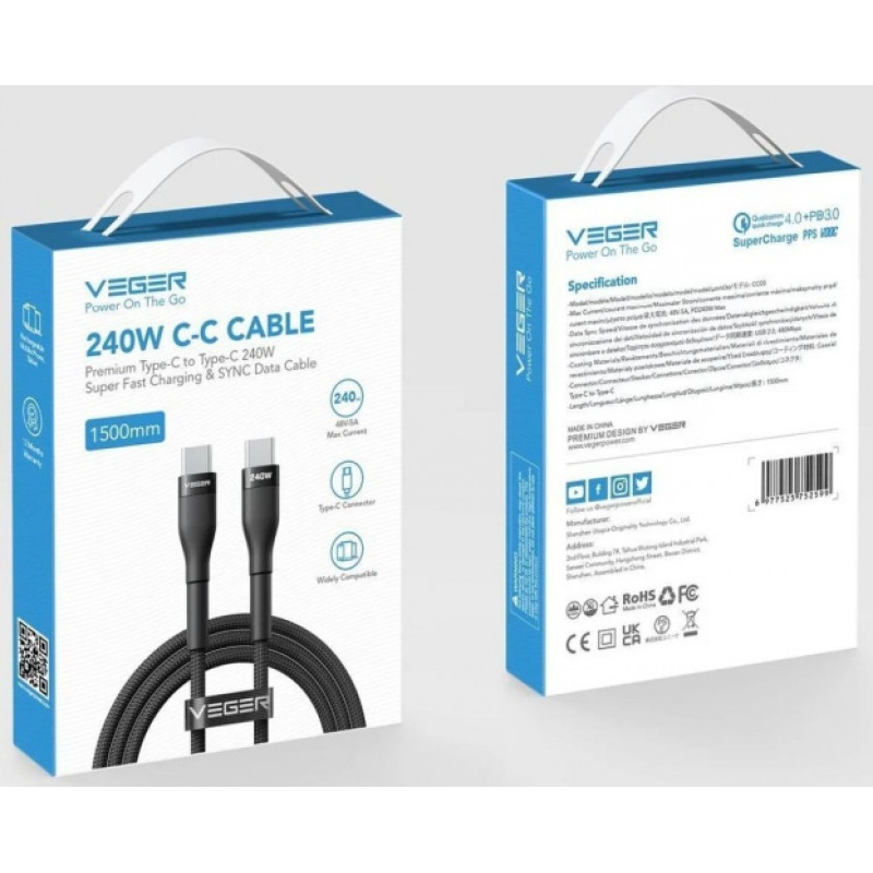 Veger CC03 USB-C į USB-C laidas, PD 48 V 5 A 240 W, 1,5 m, juodas