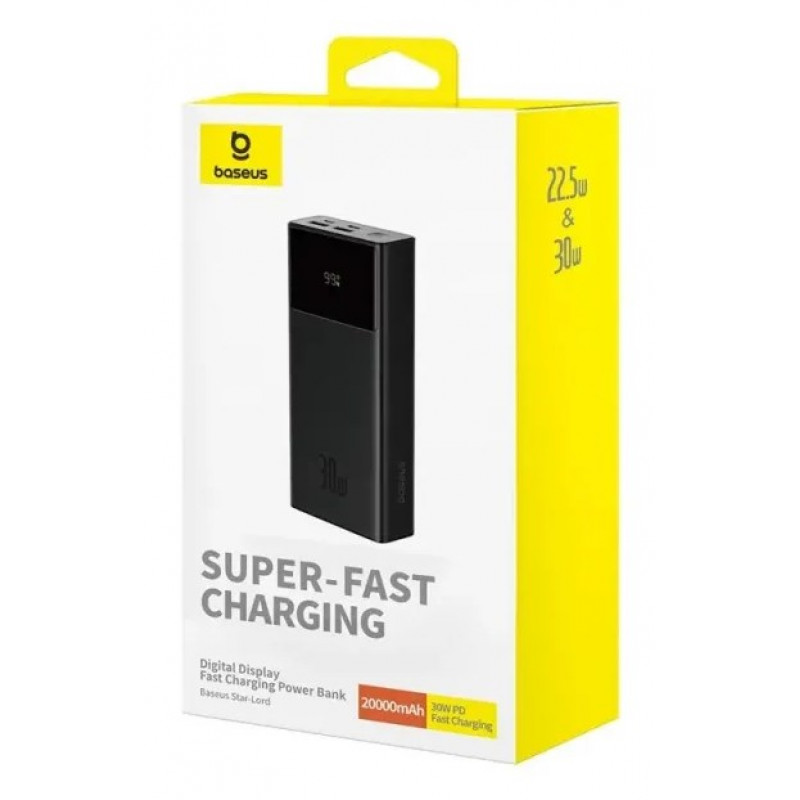 Baseus Star-Lord išorinė baterija 20000 mAh, 30 W, su ekranėliu ir laidu, juoda