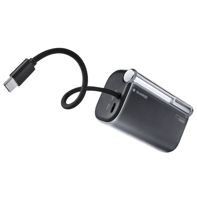 SHARGE Flow 3 nešiojamas įkroviklis, 10 000 mAh, 45 W PD, USB-C kabelis, juodas