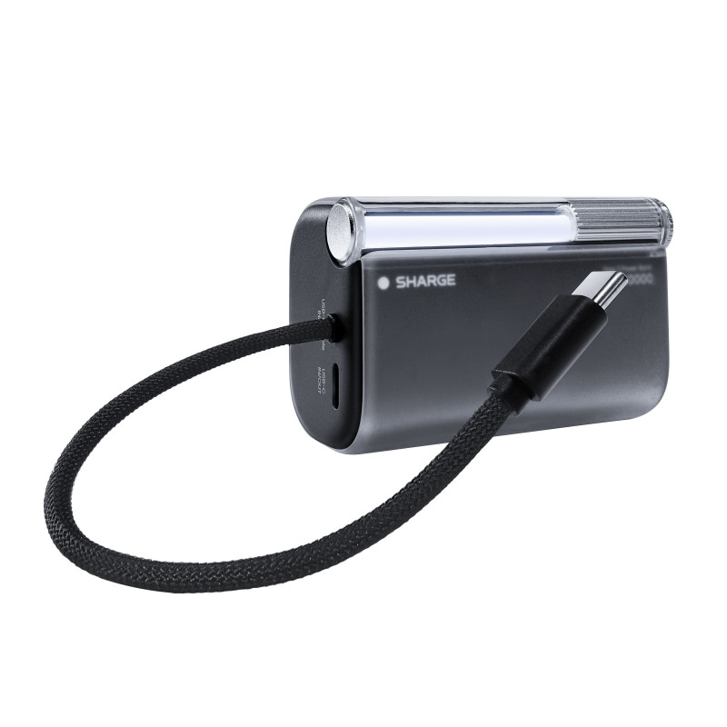 SHARGE Flow 3 nešiojamas įkroviklis, 10 000 mAh, 45 W PD, USB-C kabelis, juodas