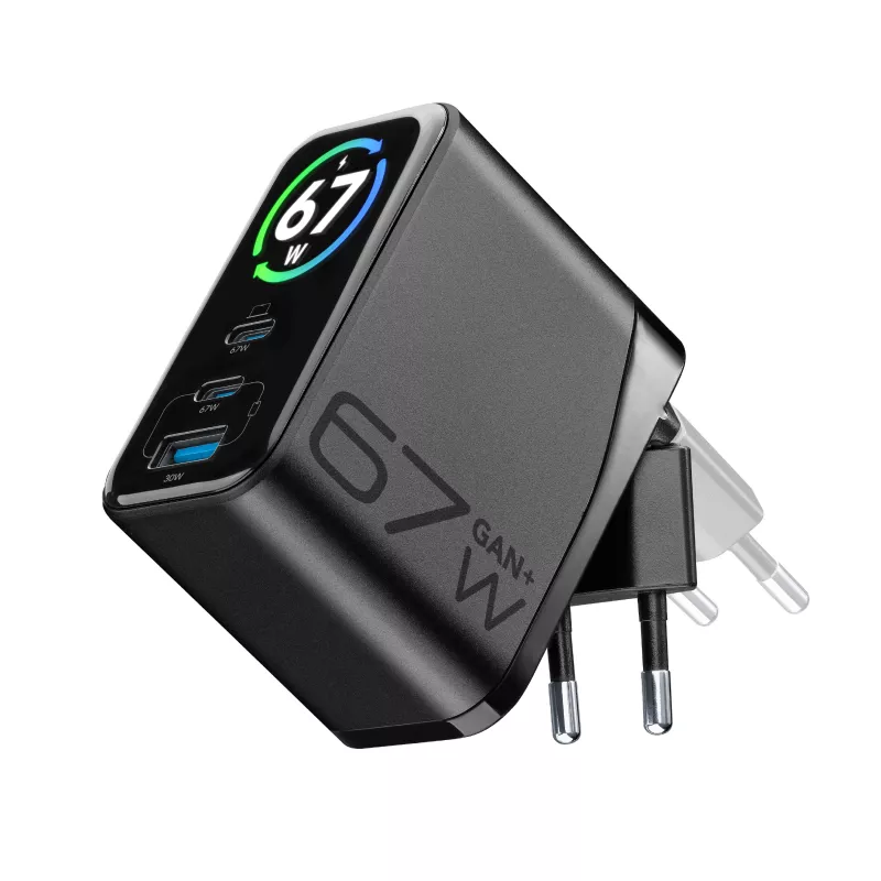 Cellularline TFT Multiport Charger 67 W GaN greitojo įkrovimo įkroviklis, 2 x USB-C, 1 x USB-A