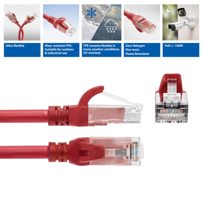 ACT FC1552 U/UTP CAT6A itin lankstus tinklo kabelis, 0,25 m, TPE, RJ45 be užsikabinimo, raudonas