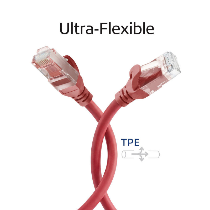 ACT FC1505 itin lankstus U/UTP CAT6A jungiamasis kabelis, TPE, su apsaugotu fiksatoriumi, RJ45, 5 m, raudonas