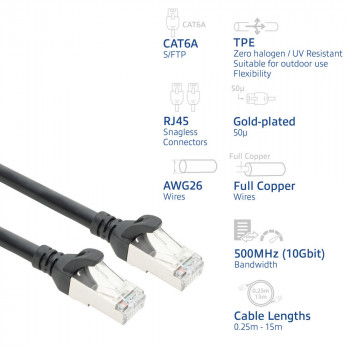 ACT FC2915 S/FTP CAT6A jungiamasis kabelis, TPE, itin lankstus, nesikabinančios RJ45 jungtys, 15 m, juodas