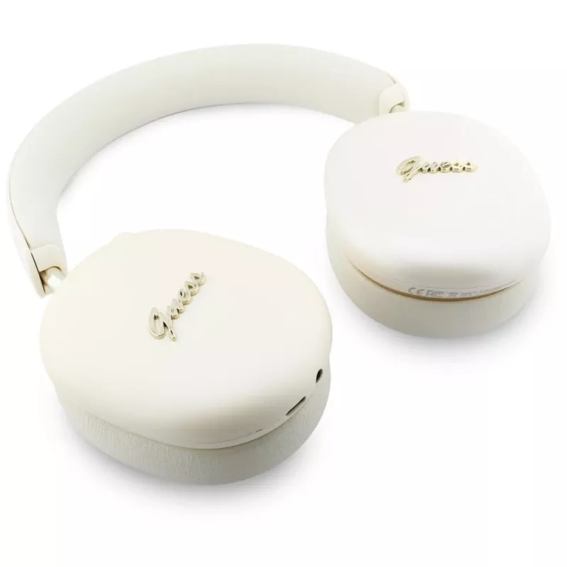 Guess GUE005824 Metallic Effect Metal Script Logo ausinės su Bluetooth ir ENC, smėlio spalvos