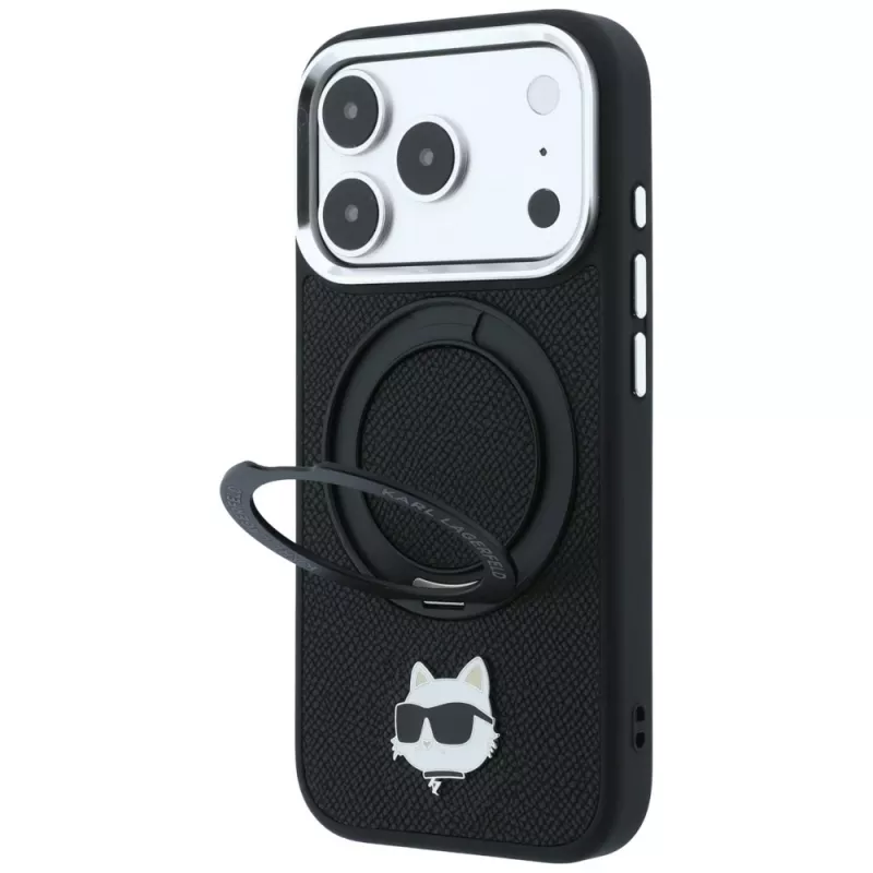 Karl Lagerfeld KF003216 Ring Stand 360 Choupette Head Pin MagSafe telefono dėklas, skirtas iPhone 18 Pro Max / 17 Pro Max, juodas