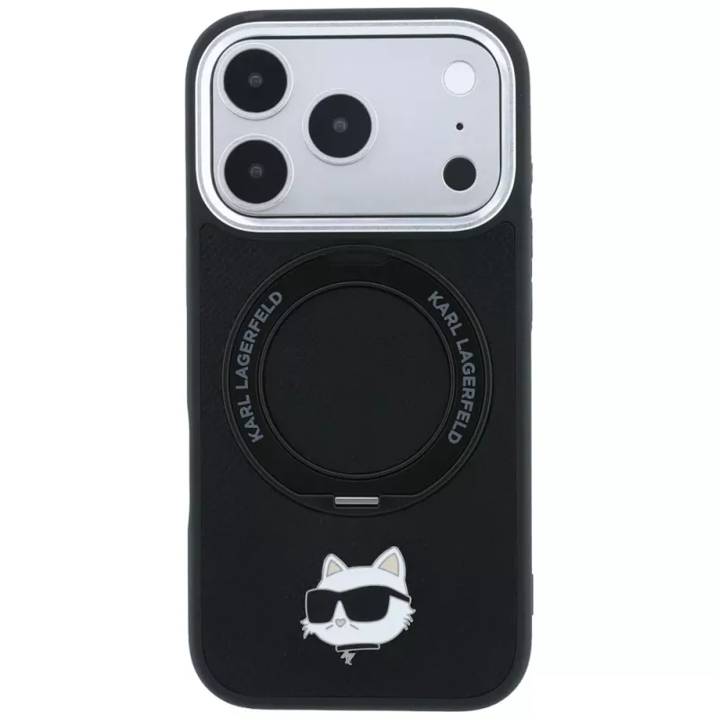 Karl Lagerfeld KF003216 Ring Stand 360 Choupette Head Pin MagSafe telefono dėklas, skirtas iPhone 18 Pro Max / 17 Pro Max, juodas