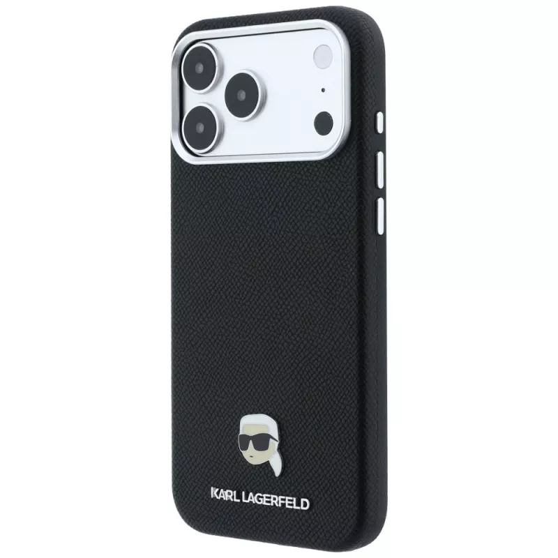 Karl Lagerfeld KF003263 Grained Karl Head Metal MagSafe telefono dėklas, skirtas iPhone 18 Pro / 17 Pro, juodas