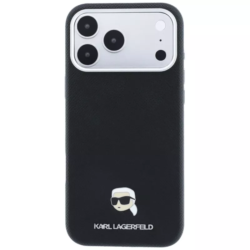Karl Lagerfeld KF003263 Grained Karl Head Metal MagSafe telefono dėklas, skirtas iPhone 18 Pro / 17 Pro, juodas