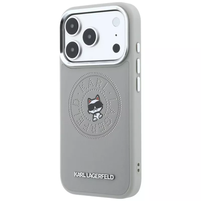 Karl Lagerfeld KF003302 Point & Choupette Sketch MagSafe telefono dėklas, skirtas iPhone 18 Pro Max / 17 Pro Max, pilkas
