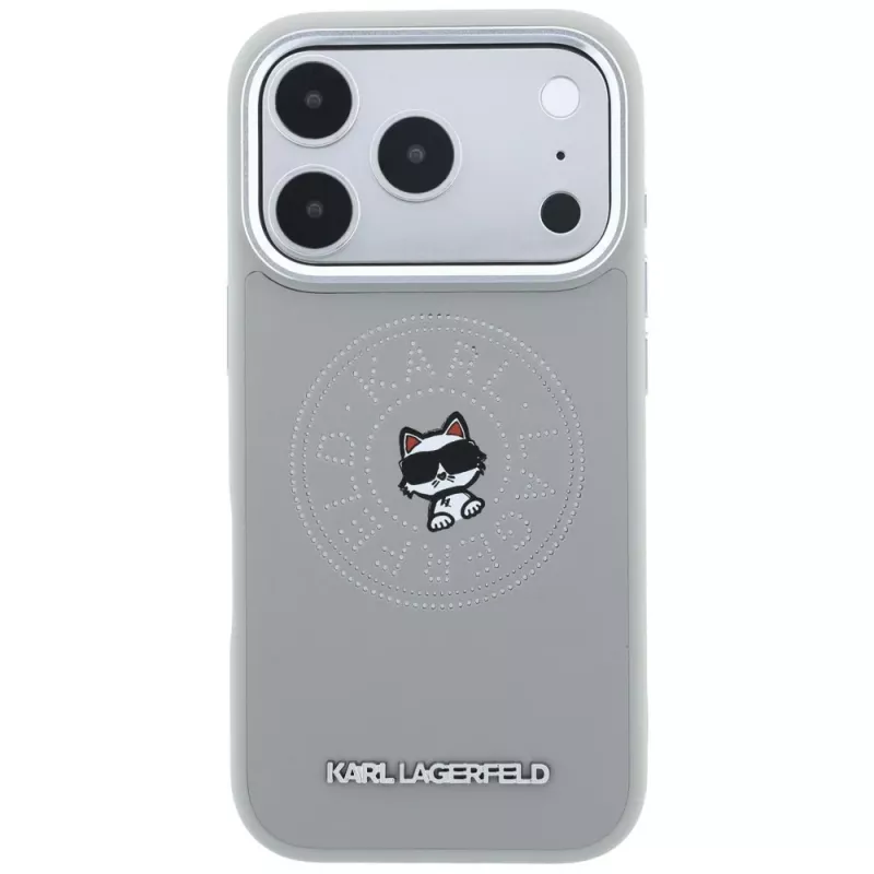 Karl Lagerfeld KF003302 Point & Choupette Sketch MagSafe telefono dėklas, skirtas iPhone 18 Pro Max / 17 Pro Max, pilkas
