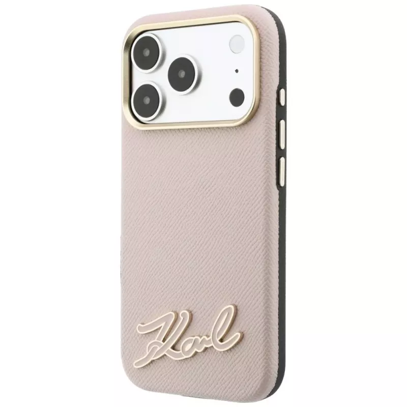 Karl Lagerfeld Grained with Resin Signature Logo dėklas iPhone 18 Pro Max / 17 Pro Max telefonams su MagSafe, rožinis