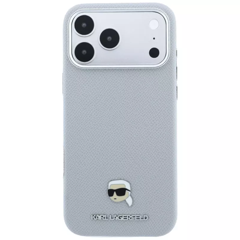 Karl Lagerfeld Grained Karl Head Metal dėklas iPhone 18 Pro / 17 Pro telefonams su MagSafe, pilkas