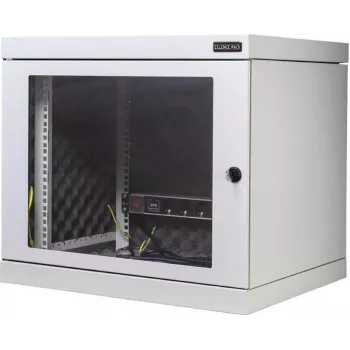 Silence Rack 99SRWV124GG triukšmą slopinanti 19 colių sieninė tinklo spinta, 12 U, 450 mm gylio, permatomos durys, 1 tylus ventiliatorius, šviesiai pilkos spalvos