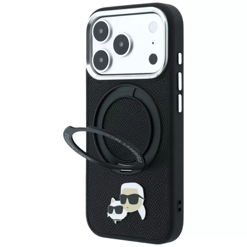 Karl Lagerfeld Ring Stand 360 Karl & Choupette Heads Pin MagSafe telefono dėklas iPhone 18 Pro Max / 17 Pro Max, juodas
