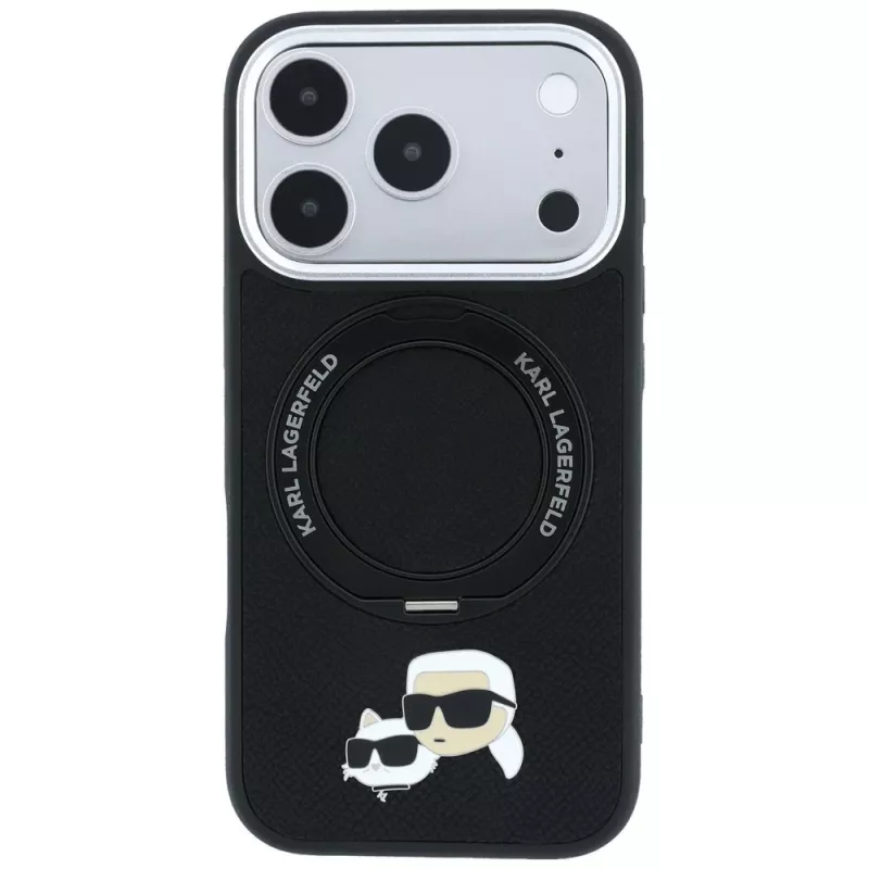 Karl Lagerfeld Ring Stand 360 Karl & Choupette Heads Pin MagSafe telefono dėklas iPhone 18 Pro Max / 17 Pro Max, juodas