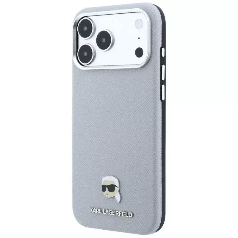 Karl Lagerfeld Grained Karl Head Metal MagSafe telefono dėklas iPhone 18 Pro Max / 17 Pro Max, pilkas