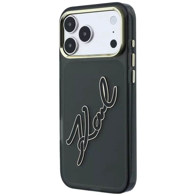 Karl Lagerfeld IML Big Signature Resin Metal Frame telefono dėklas iPhone 18 Pro / 17 Pro, juodas
