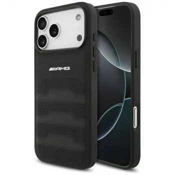 Mercedes AMG00117 telefono dėklas iPhone 18 Pro Max / 17 Pro Max, AMG Leather Debossed Lines Logo, juodas