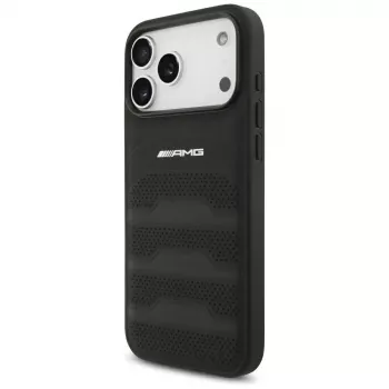Mercedes AMG00117 telefono dėklas iPhone 18 Pro Max / 17 Pro Max, AMG Leather Debossed Lines Logo, juodas