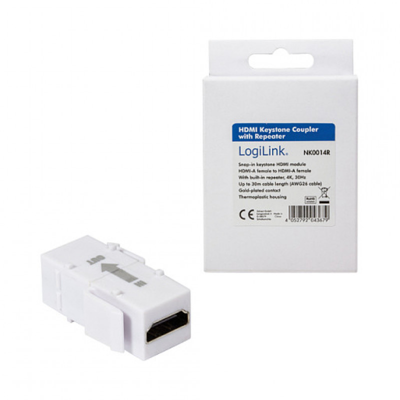LogiLink NK0014R baltas HDMI Keystone adapteris A/F–HDMI A/F, 4K/30 Hz, su kartotuvu
