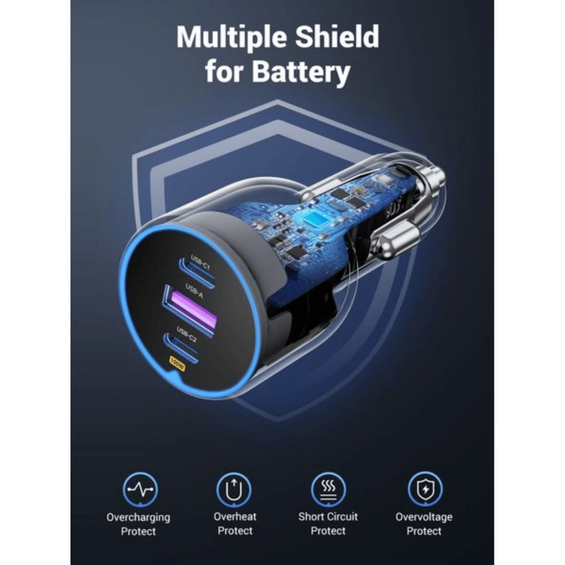 Ugreen EC705 įkroviklis automobiliui, USB + 2x USB-C, 130 W, su 1 m 5 A kabeliu