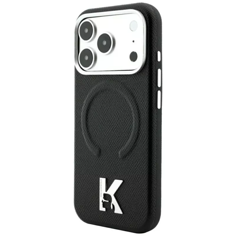 Karl Lagerfeld KF003257 Grained Embossed Ring & Kameo Logo MagSafe telefono dėklas iPhone 18 Pro / 17 Pro, juodos spalvos