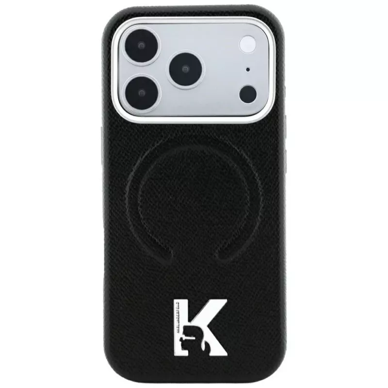 Karl Lagerfeld KF003257 Grained Embossed Ring & Kameo Logo MagSafe telefono dėklas iPhone 18 Pro / 17 Pro, juodos spalvos