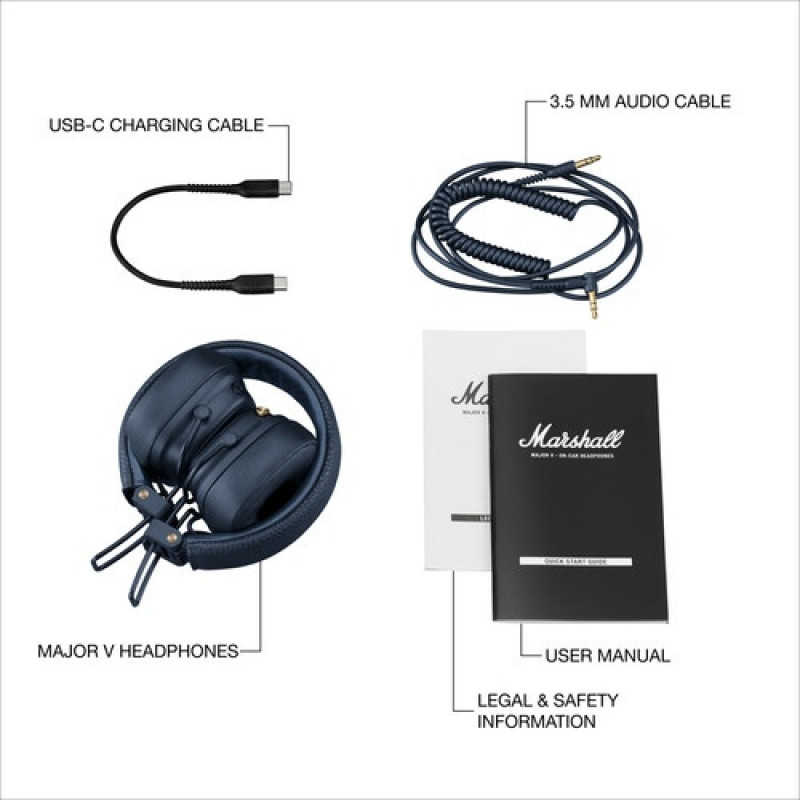 Marshall Major V belaidės ausinės, Bluetooth 5.3, tamsiai mėlynos