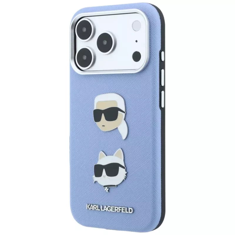 Karl Lagerfeld KF003247 Saffiano su Karl & Choupette Heads Pins & Logo telefono dėklas iPhone 18 Pro / 17 Pro, šviesiai mėlynos spalvos