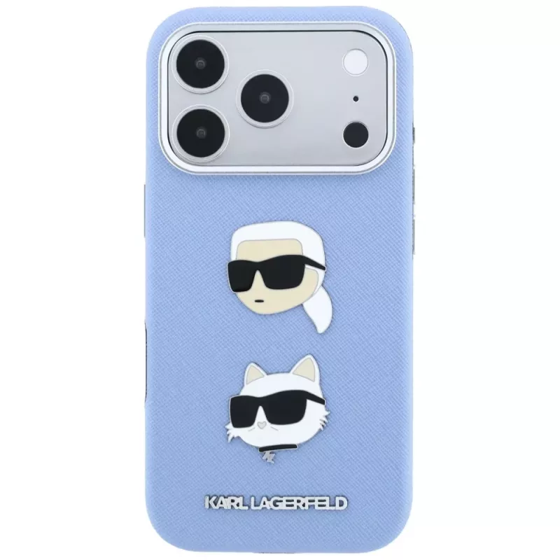 Karl Lagerfeld KF003247 Saffiano su Karl & Choupette Heads Pins & Logo telefono dėklas iPhone 18 Pro / 17 Pro, šviesiai mėlynos spalvos