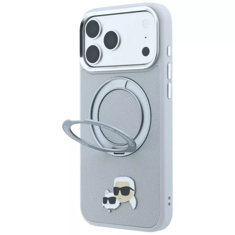 Karl Lagerfeld KF003229 dėklas su 360 laikikliu-žiedu Karl & Choupette Heads Pin MagSafe iPhone 18 Pro / 17 Pro, pilkas