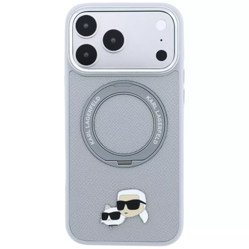 Karl Lagerfeld KF003229 dėklas su 360 laikikliu-žiedu Karl & Choupette Heads Pin MagSafe iPhone 18 Pro / 17 Pro, pilkas