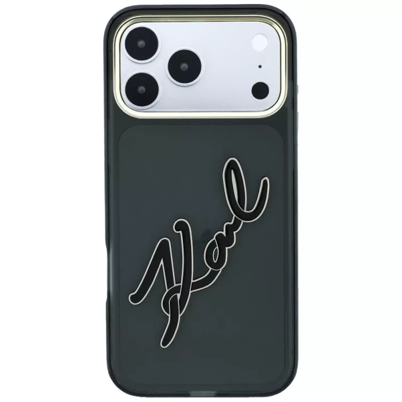 Karl Lagerfeld KF003382 IML Big Signature Resin Metal Frame dėklas telefonui iPhone 18 Pro Max / 17 Pro Max, juodas