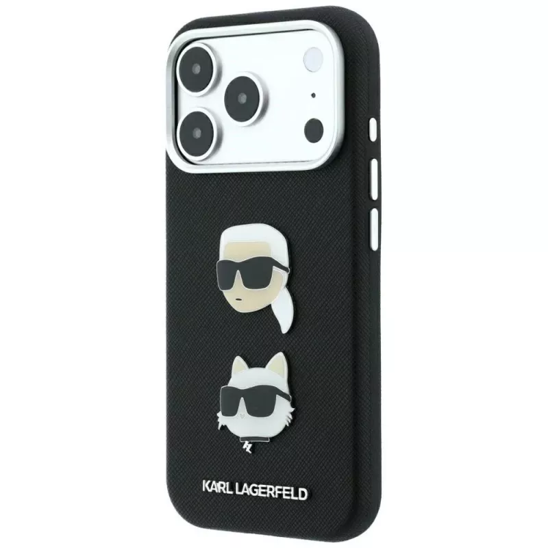 Karl Lagerfeld KF003249 Saffiano with Karl & Choupette Heads Pins & Logo telefono dėklas iPhone 18 Pro / 17 Pro, juodas