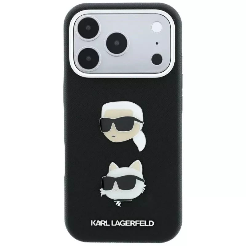 Karl Lagerfeld KF003249 Saffiano with Karl & Choupette Heads Pins & Logo telefono dėklas iPhone 18 Pro / 17 Pro, juodas