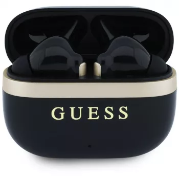 Guess Glossy Gold LinePrinted Classic Logo TWS ausinės, juodos spalvos