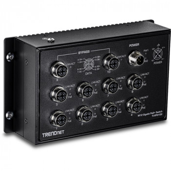 TRENDnet TI-XPG102 pramoninis tinklo komutatorius, EN50155, M12, Gigabit PoE+, 10 prievadų, geležinkeliui