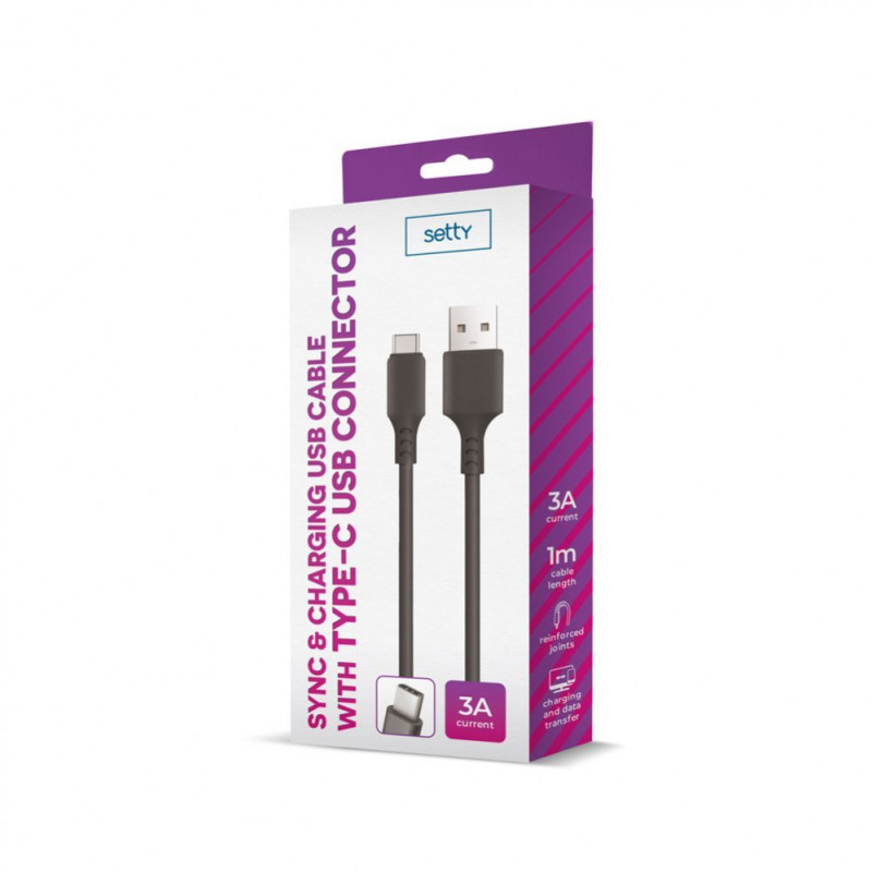 Setty USB-A į USB-C laidas, 1 m, 3 A, juodas