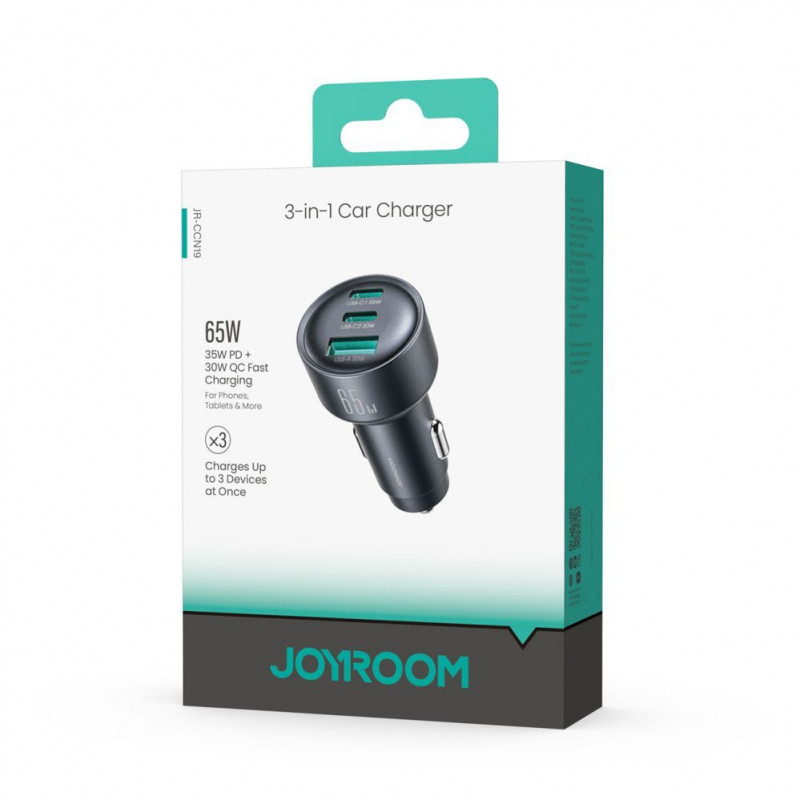 Joyroom JR-CCN19 įkroviklis automobiliui, 65 W, 2x USB-C + USB-A, tamsiai pilkos spalvos