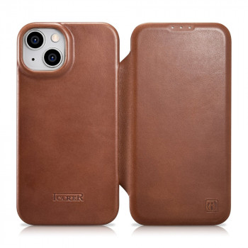 iCarer CE Oil Wax Premium Leather Folio Case odinis magnetinis dėklas su atvartu iPhone 14 Plus, MagSafe, rudas (AKI14220707-BN)