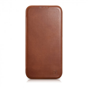 iCarer CE Oil Wax Premium Leather Folio Case odinis magnetinis dėklas su atvartu iPhone 14 Plus, MagSafe, rudas (AKI14220707-BN)