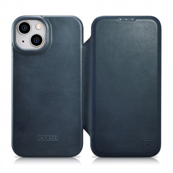 iCarer CE Oil Wax Premium Leather Folio Case odinis magnetinis dėklas su atvartu iPhone 14 Plus, MagSafe, mėlynas (AKI14220707-BU)