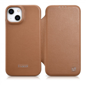 iCarer CE Premium Leather Folio Case odinis magnetinis dėklas su atvartu iPhone 14 Plus, MagSafe, rudas (WMI14220715-BN)