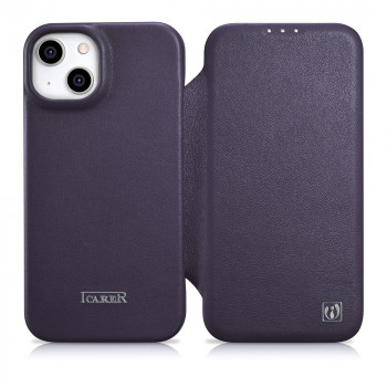 iCarer CE Premium Leather Folio Case odinis magnetinis dėklas su atvartu iPhone 14 Plus, MagSafe, tamsiai violetinis (WMI14220715-DP)
