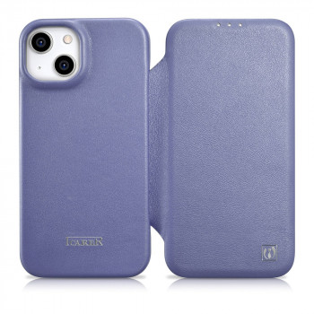 iCarer CE Premium Leather Folio Case odinis dėklas su atvartu Apple iPhone 14 Plus / 15 Plus, MagSafe, šviesiai violetinis (ICR413)