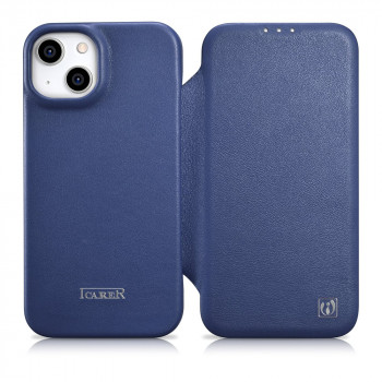 iCarer CE Premium Leather Folio Case odinis magnetinis dėklas su atvartu iPhone 14 Plus, MagSafe, mėlynas (WMI14220715-BU)